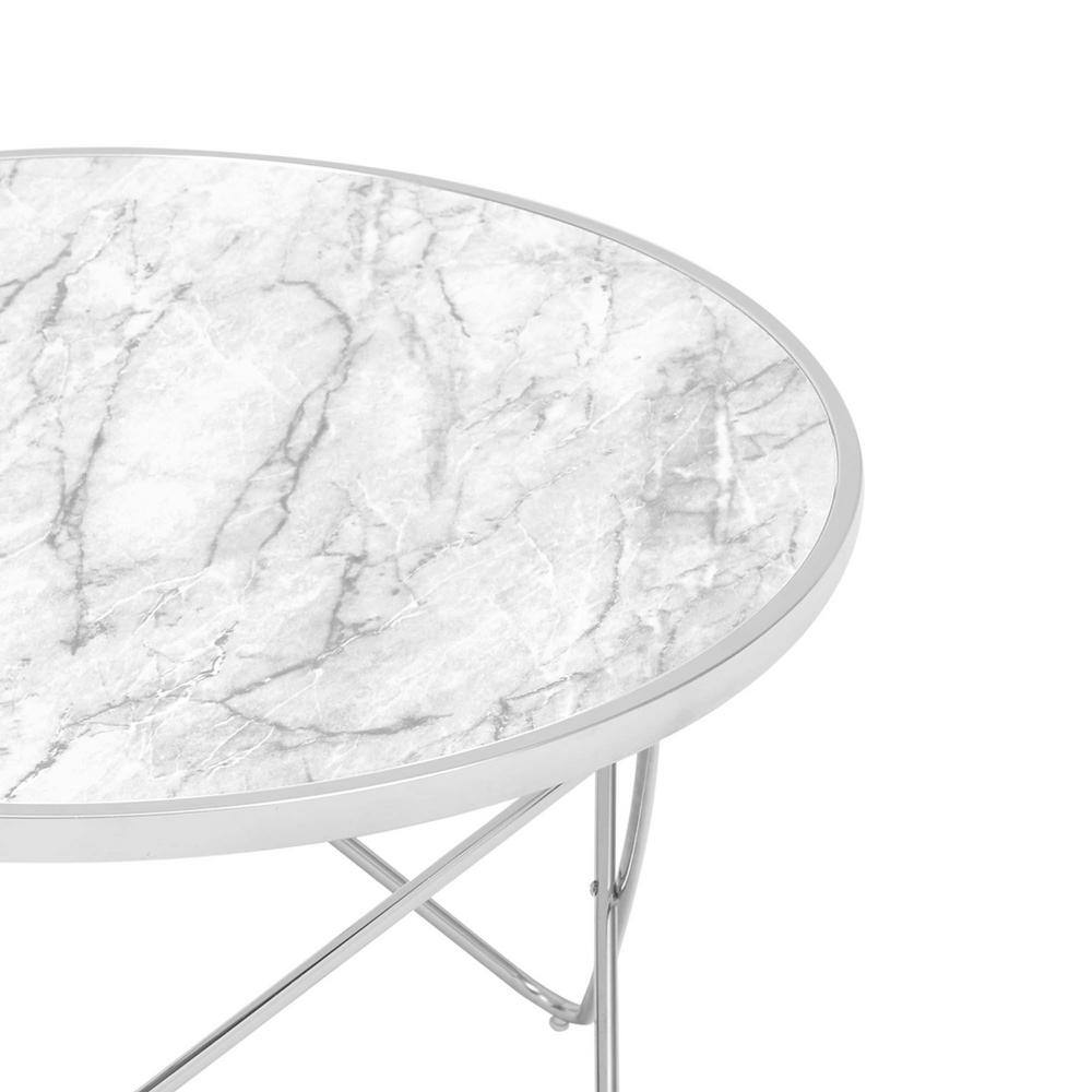 Small Round White Faux Marble Coffee Table with Silver Hairpin Legs