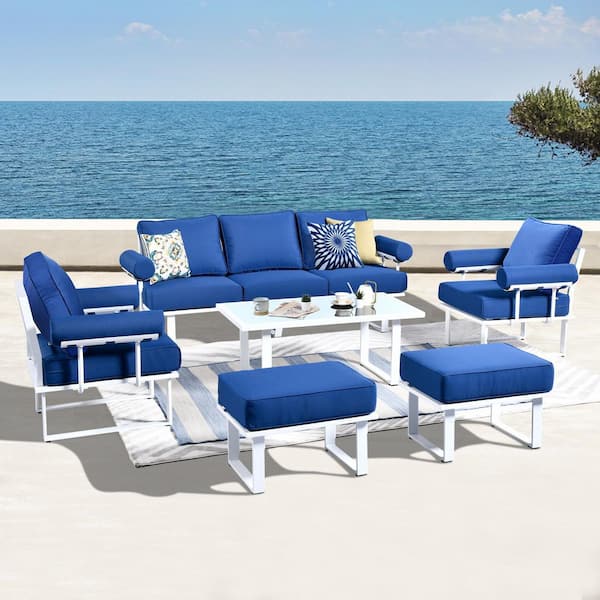 HOOOWOOO Havasu White 6-Piece Aluminum Outdoor Patio Conversation Sofa Set with Navy Blue Cushions