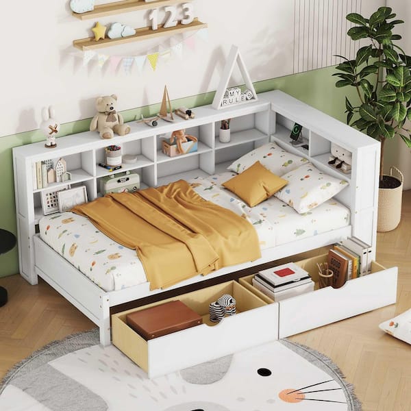 White Twin Daybed with 2 Drawers, Storage Shelf and USB Charging Ports