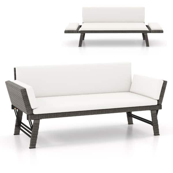 3-Seat Rattan Wicker Outdoor Couch with White Cushions and Adjustable Armrests for Balcony Patio Lounge Sofa Day Bed