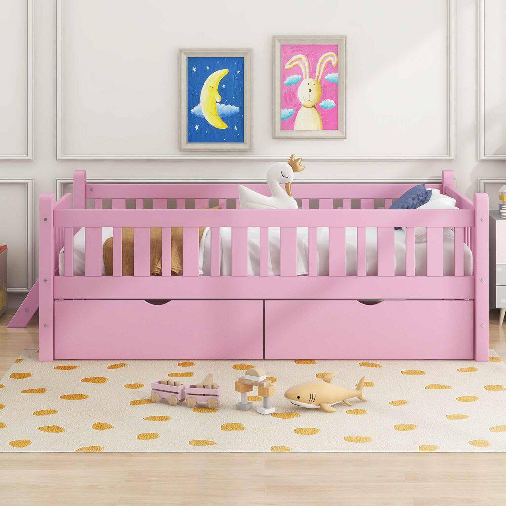 White Wood Frame Twin Size Platform Bed with Guardrail and 2-Drawers - thumbnail 2