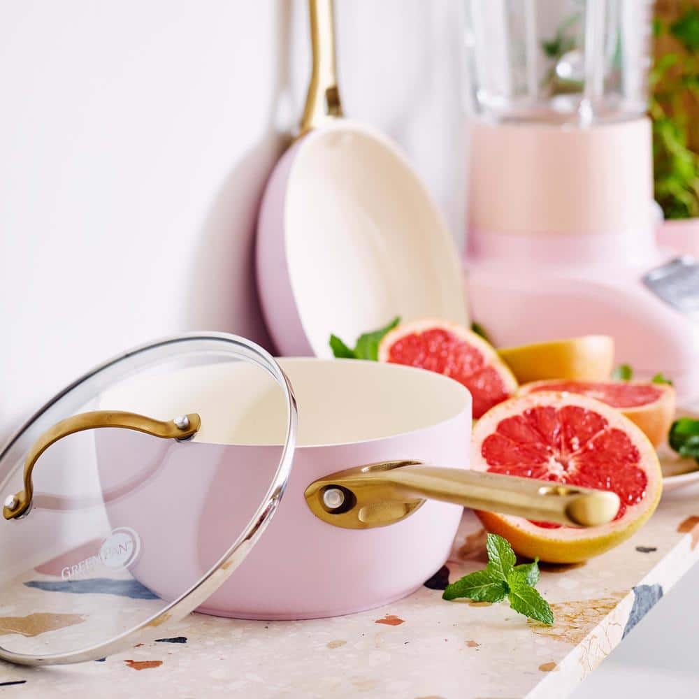 Blush Pink Ceramic Nonstick 10-Piece Cookware Set with Gold Handles