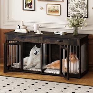 Furniture Style Dog Crates Large Wooden Pet Kennels with Drawers and Divider Indoor Heavy-Duty Dog Cage, Dark Tiger Skin