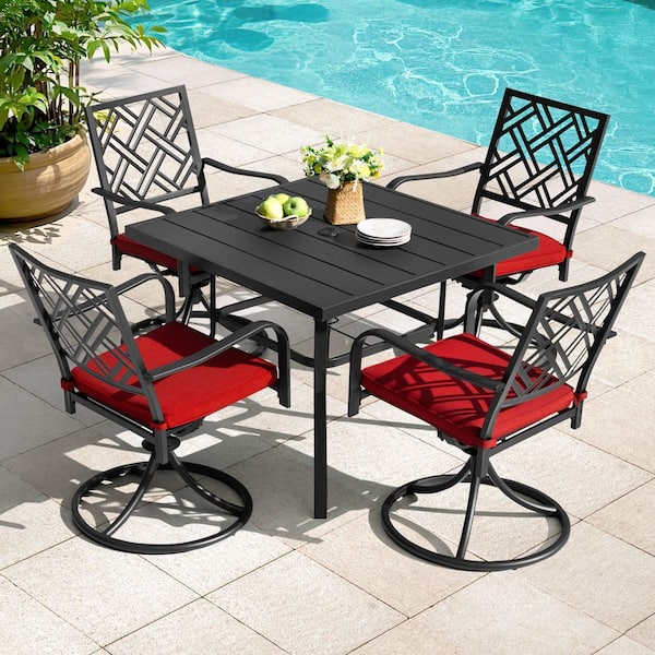 Black 5-Piece Metal Square Outdoor Dining Set with Umbrella Hole, 4 Swivel Chairs with Removable Cushions