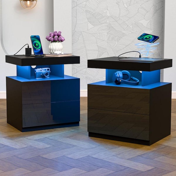 Modern Black 2-Drawer 19.7 in. W Nightstand with Wireless Charging Station and Smart LED Light Strip (Set of 2)