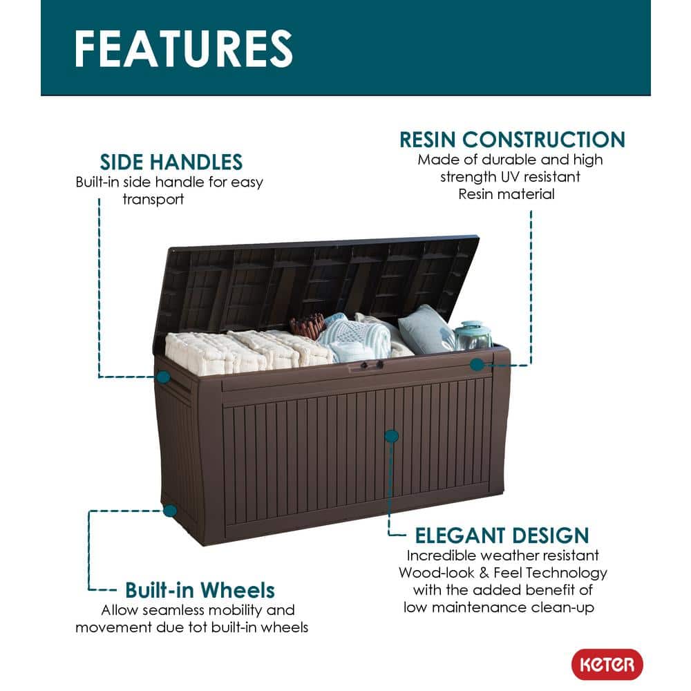 Espresso Brown Lockable Plastic Wicker Deck Box with Wheels