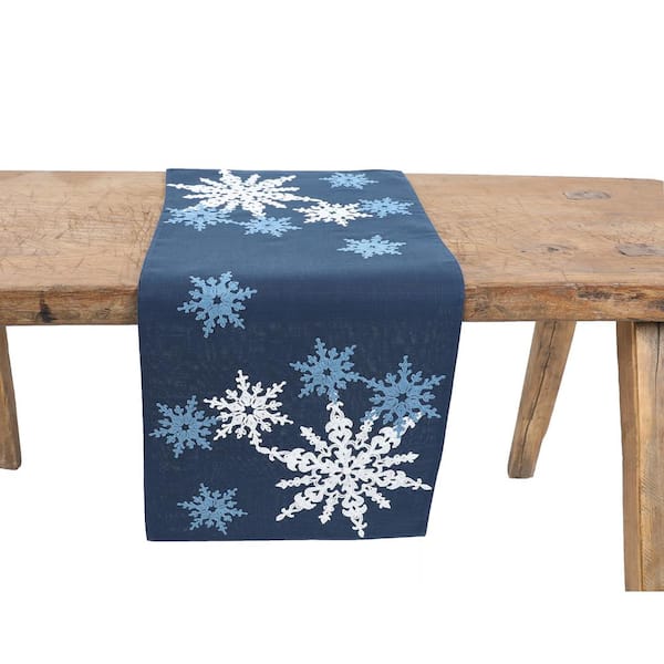 Manor Luxe 15 in. x 90 in. Magical Snowflakes Crewel Embroidered Christmas Table Runner, Dark Blue