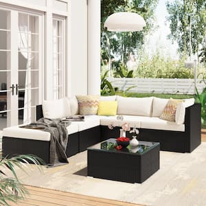 6-Piece Wicker Patio Conversation Sectional Seating Set with Removable Beige Cushions