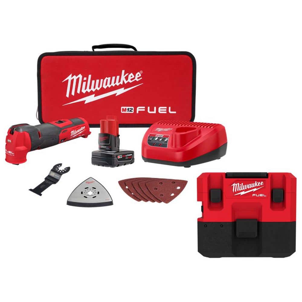 Milwaukee M12 FUEL 12-Volt Lithium-Ion Cordless 1.6 Gal. Wet/Dry Vacuum (Vacuum-Only) + M12 FUEL Multi-Tool Kit w/2.0 Ah Battery, Reds/Pinks