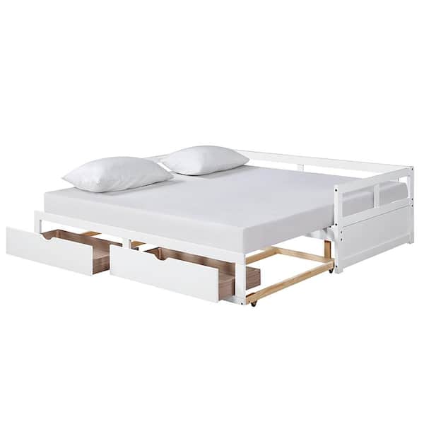 White Twin Size Daybed With Trundle Bed, Queen Size Daybed With Storage Drawers