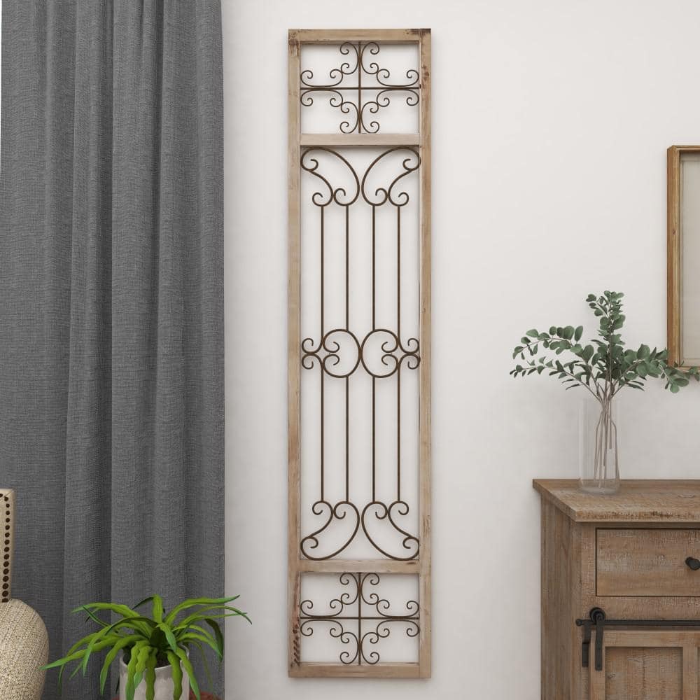 Cream Distressed Ornamental Panel Scroll Wall Sculpture with Bronze Metal Wire