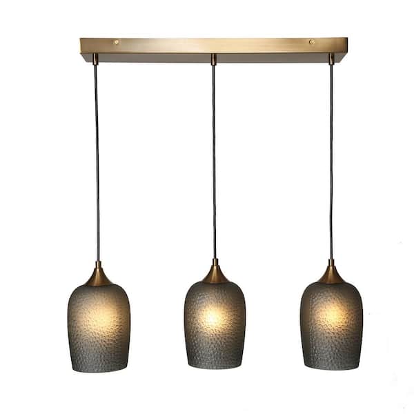 LNC Apphia 3-Light Plating Brass Island Linear Chandelier with Textured and Colored Glass Shades and No Bulb Included