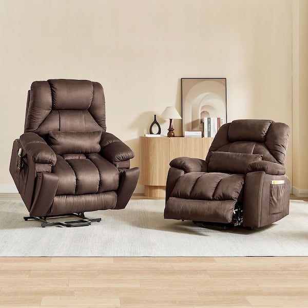 Set of 2 40.5 in. W Brown Microsuede Oversize Dual Motor Power Lift Recliner Chair with Massage and Heating