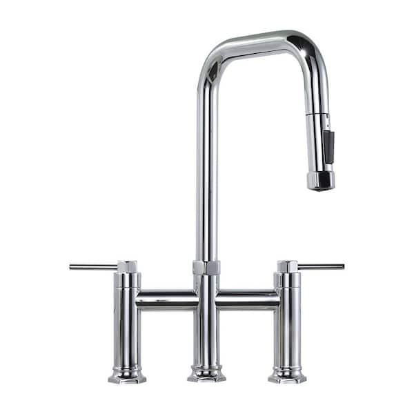 ALEASHA Double Handle Bridge Kitchen Faucet in Polished Chrome