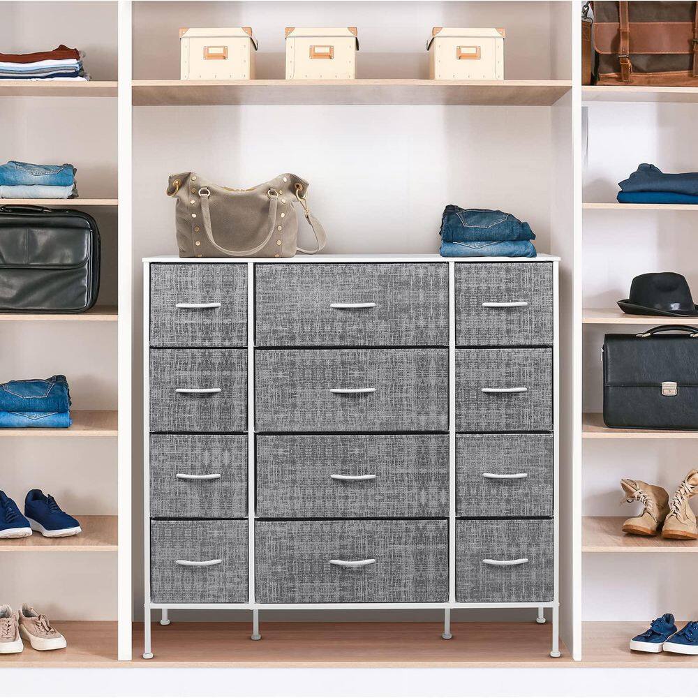 Gray and White 12-Drawer Steel Frame Dresser with Wood Top