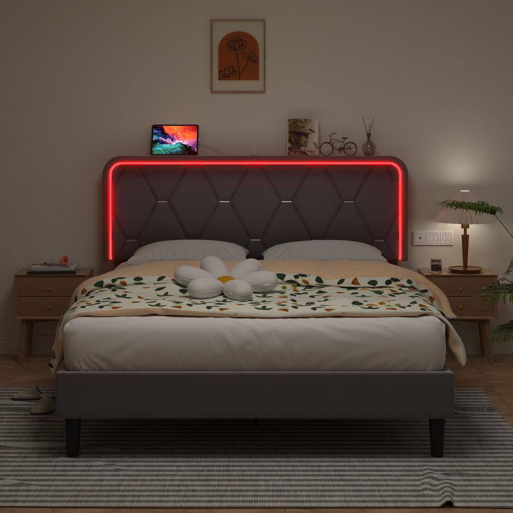 Upholstered Bed Queen Smart LED Bed Frame with Adjustable Gray Headboard, Platform Bed with Solid Wood Slats Support - thumbnail 4