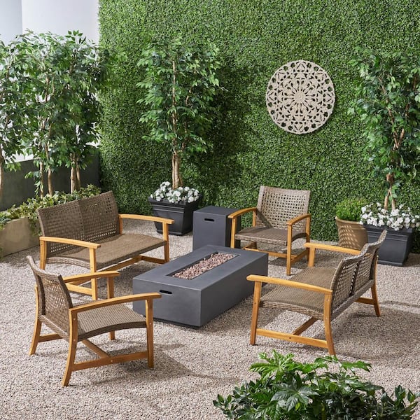 Noble House Augusta Natural Finished 6-Piece Wood Outdoor Patio Fire Pit Seating Set