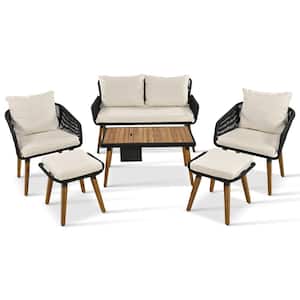 6-Piece Metal Frame Rope Patio Conversation Set with Wood Cool Bar Table, 2 Stools and Beige Cushions