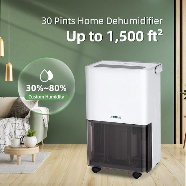 30 pt. 1,500 sq.ft. Dehumidifier in. White with Bucket and Drain Hose for Basement, Garage, 2 Layer Air Filter