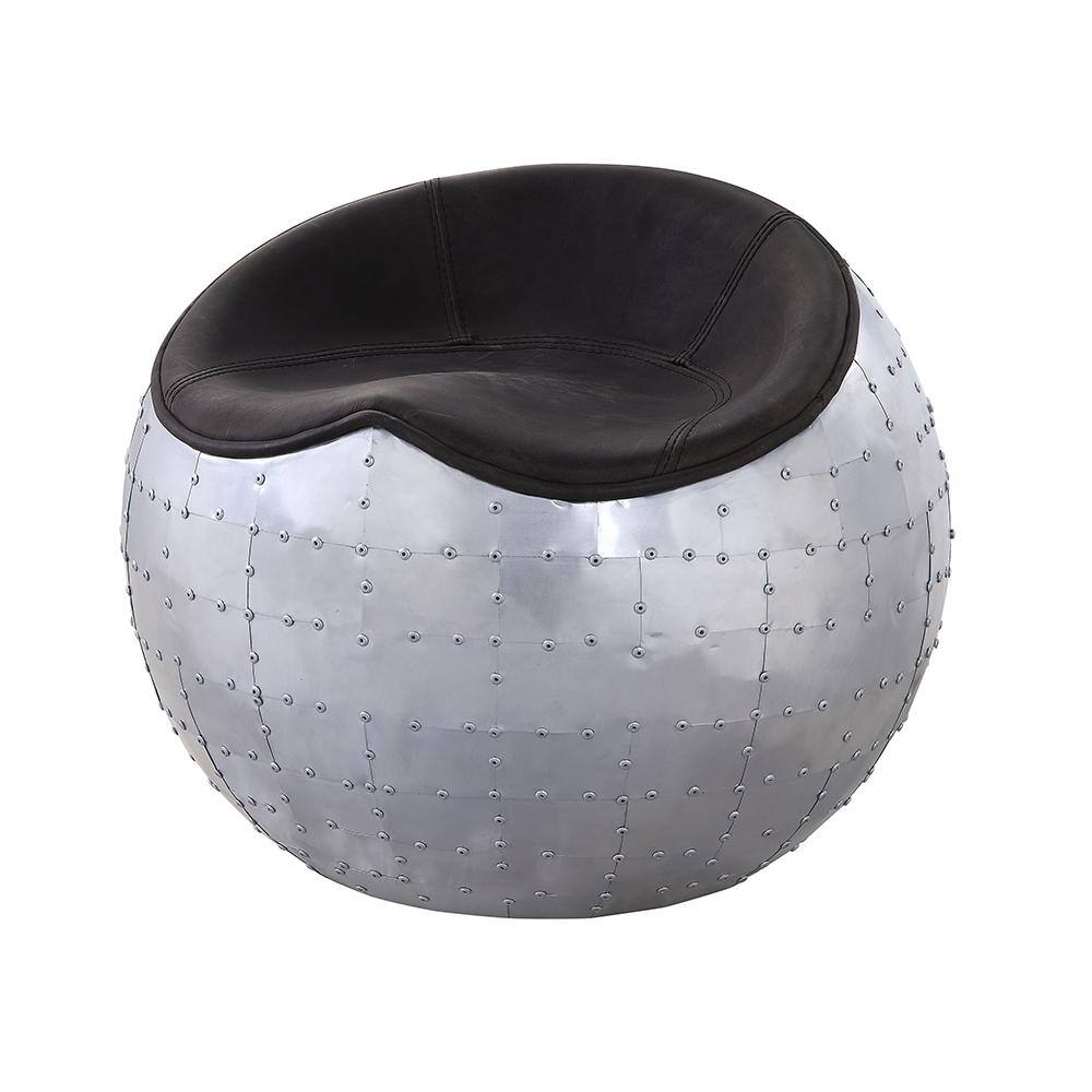 Brancaster Round Leather and Aluminum Ottoman in Antique Ebony