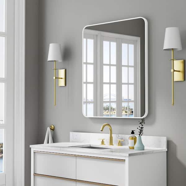 ANGELES HOME 30 in. W x 36 in. H Rectangular Aluminum Framed Wall-Mounted Bathroom Vanity Mirror in White