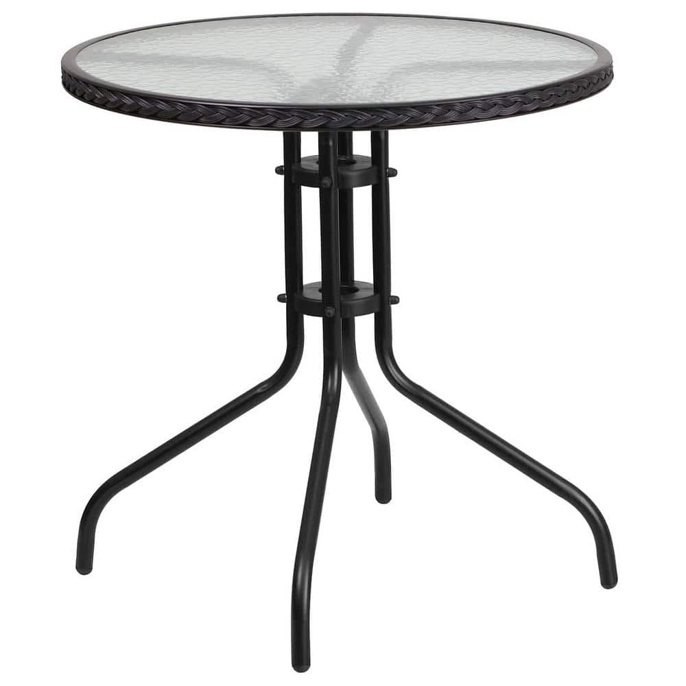 Round Tempered Glass Metal Outdoor Side Table with Black Rattan Edging