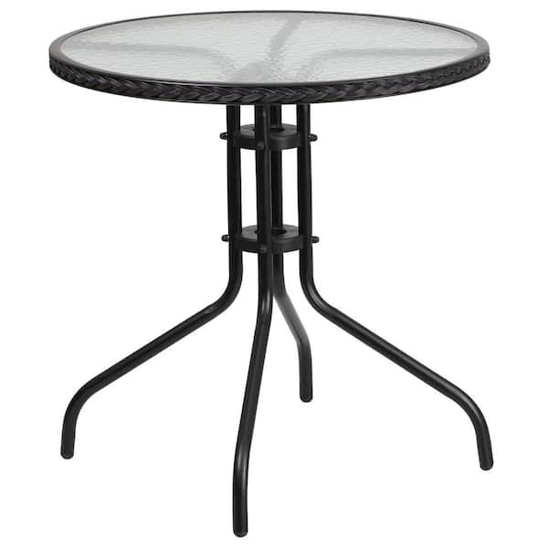 Unbranded Round Tempered Glass Metal Outdoor Side Table with Black Rattan Edging