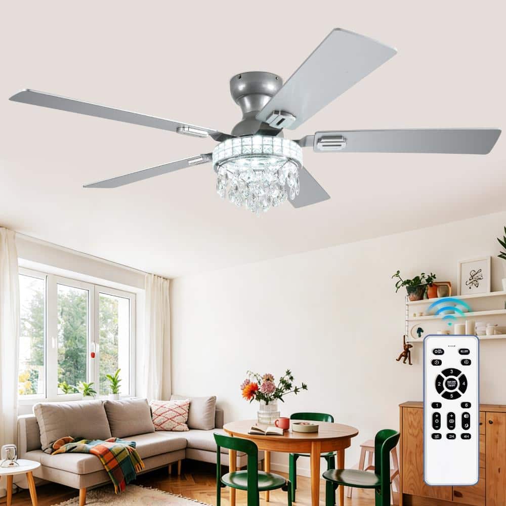 52 in. Silver Crystal 5-Silver/Wood Blade Flush Mounted Fandelier Ceiling Fan with LED Light and Remote for Bedroom price history on PriceWatchPro