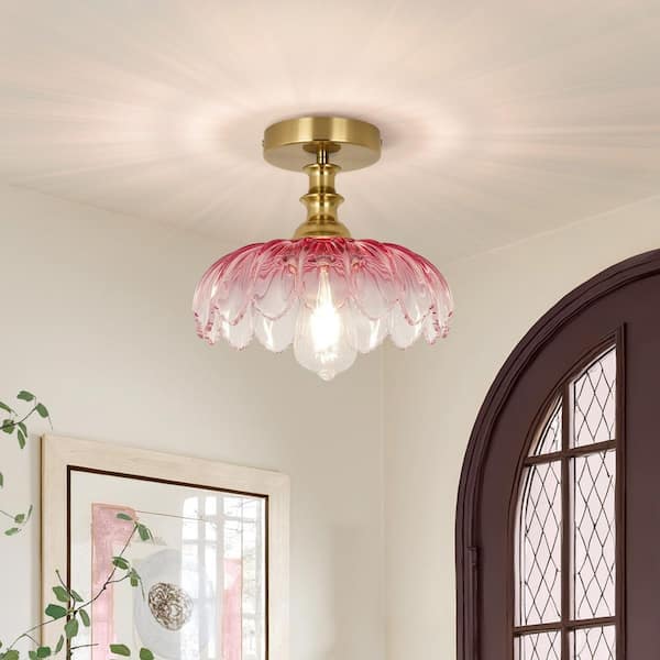 Essel 10.23 in. 1-Light Gradient Pink Mid-Century Semi-Flush Mount with Flower Glass Shade for Dining Room Foyer