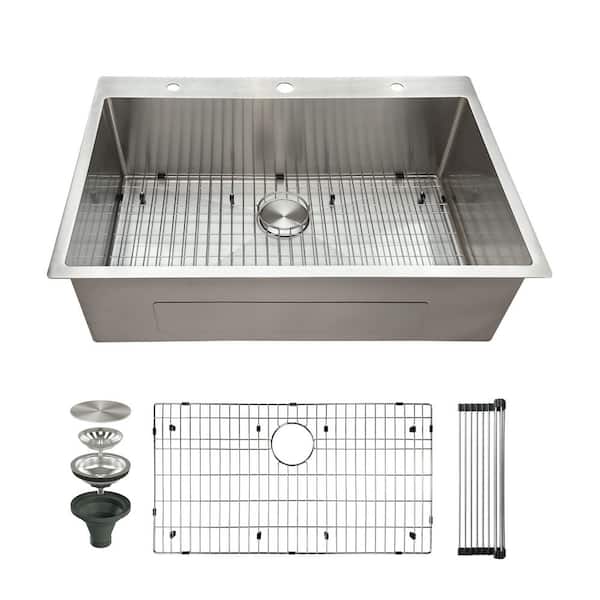 DELUXE DL LIVING 33 in. Drop-in Single Bowl 16-Gauge Brushed Stainless Steel R10 Round Corner Kitchen Sink with Bottom Grid and Drainer