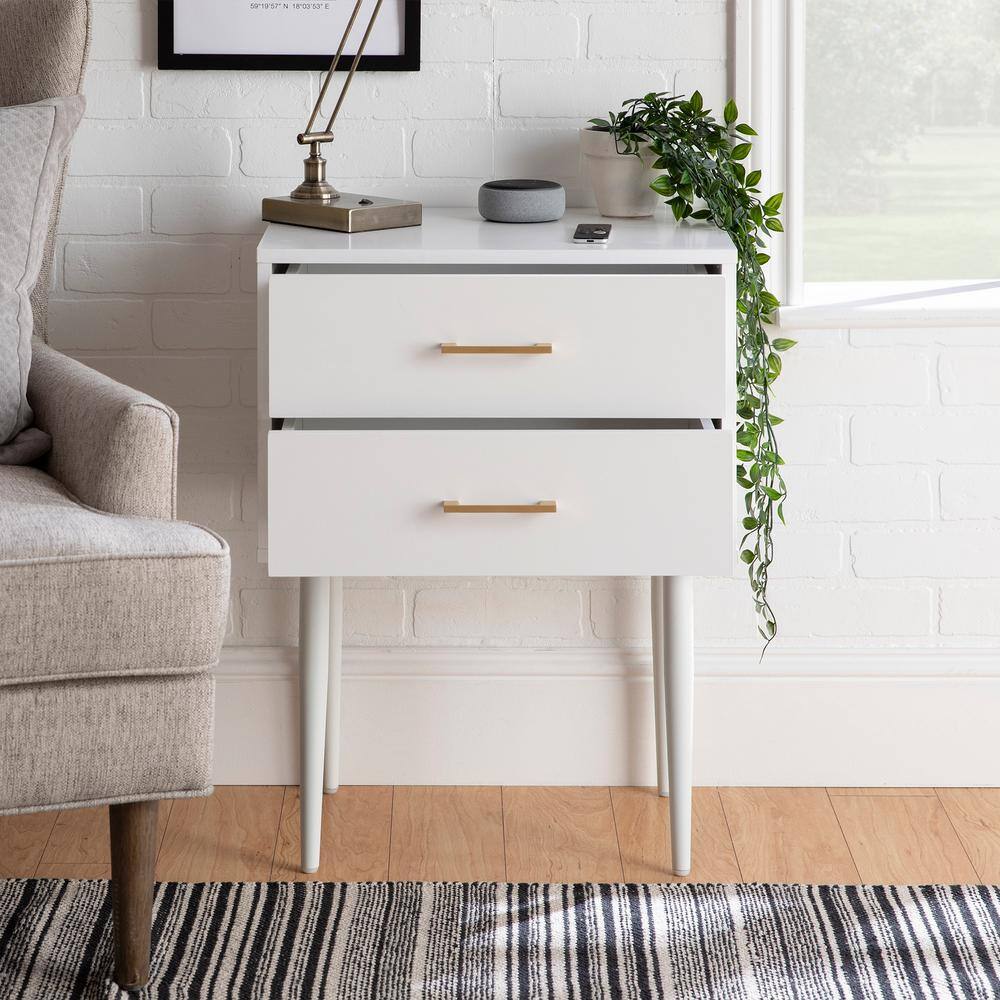 White Mid-Century Modern 2-Drawer Wood End Table