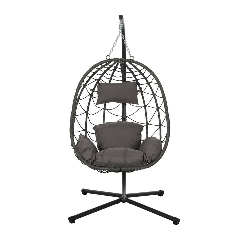 Gray 1-Person Wicker Porch Swing Egg Chair with Stand Indoor Hanging Basket