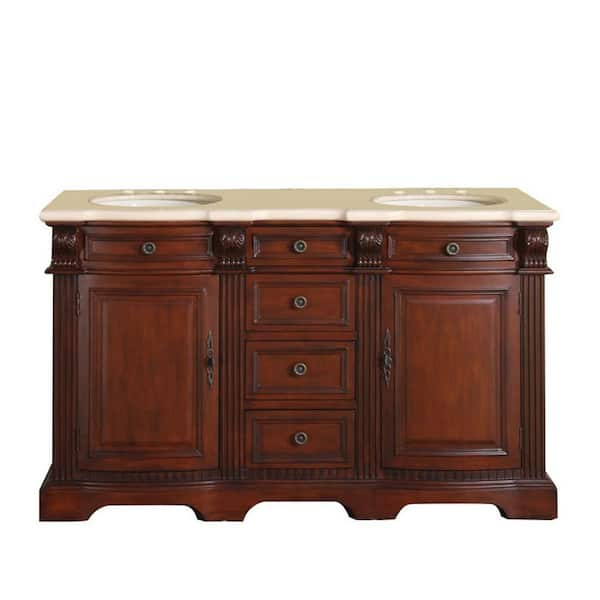 Silkroad Exclusive 58 in. W x 22 in. D Vanity in Brazilian Rosewood with Marble Vanity Top in Crema Marfil with White Basin