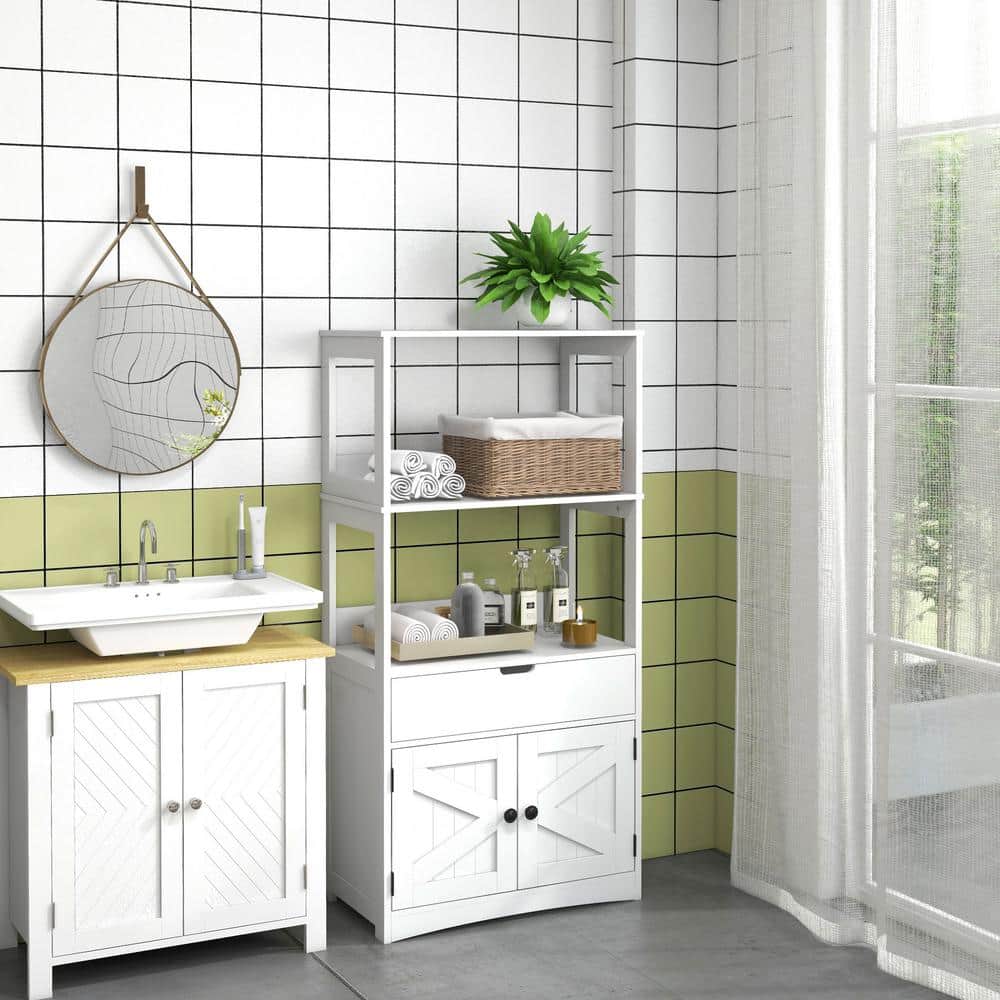White MDF Freestanding Bathroom Storage Cabinet with Shelves and Doors