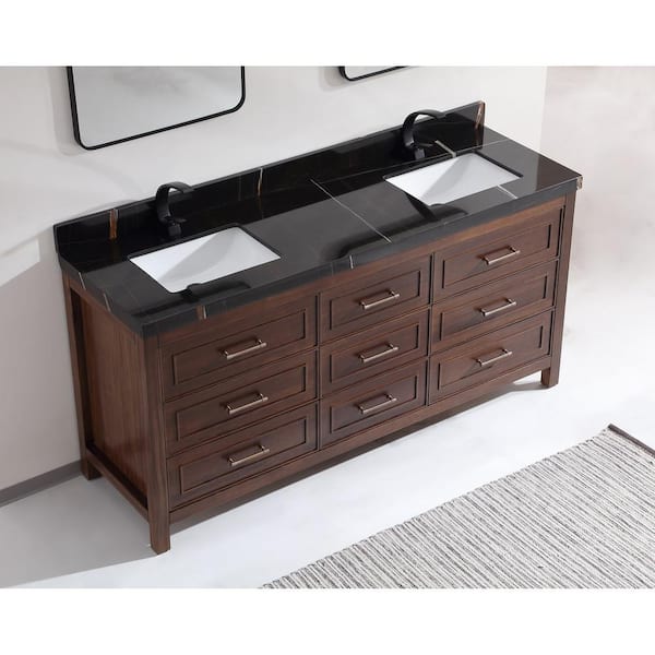Luxury Ebony Series 72 in. 1 Freestanding Dark Brown Finish Bath Vanity with 2 in. Black Natural Marble Top Assembled