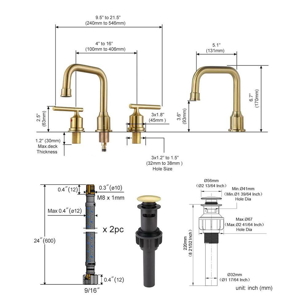 Brushed Gold Stainless Steel Double Handle Widespread Faucet Set