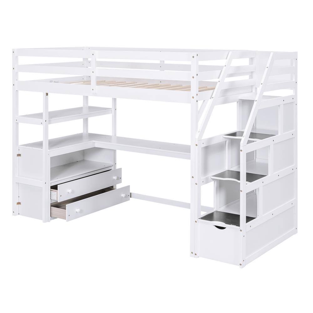 White Twin Size Wood Loft Bed with Desk and Shelves