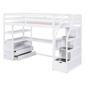 White Twin Size Wood Loft Bed with Desk and Shelves