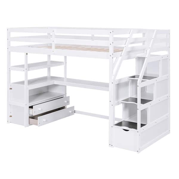 Nestfair White Twin Size Wood Loft Bed with Desk and Shelves