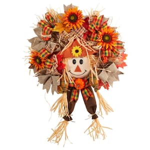 30 in. Orange Scarecrow Fall Artificial Autumn Wreath with Sunflower, Pumpkin and Decorative Bows