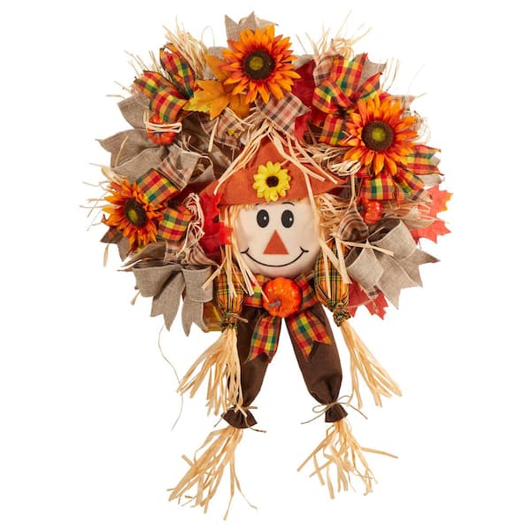 30in. Scarecrow Fall Artificial Autumn Wreath with Sunflower