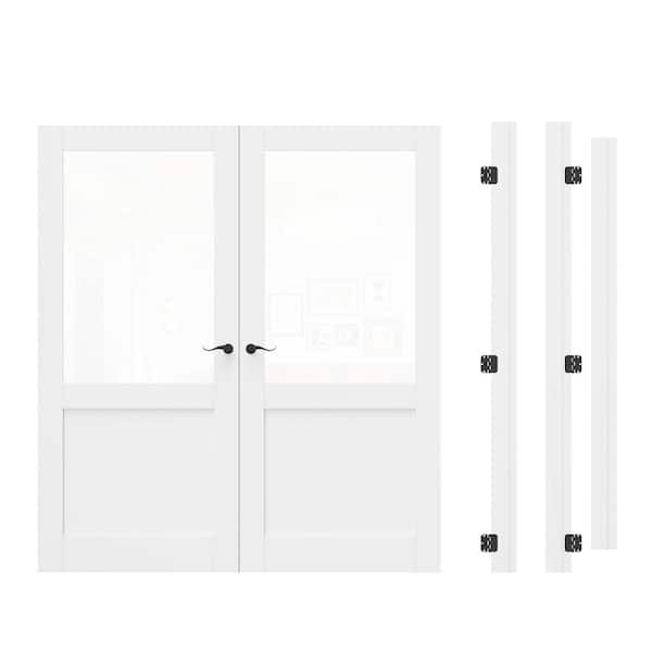 72 in. x 80 in. 1/2-Lite Clear Glass Universal White Solid Core Wood Double Prehung French Door+ Quick Assemble Jamb