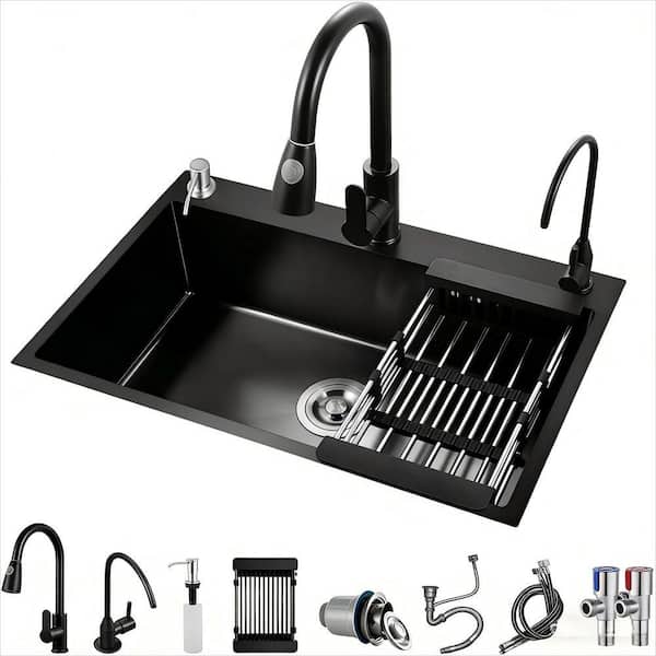 19.7 in. Drop In/Topmount Workstation Single Bowl Black Stainless Steel Kitchen Sink