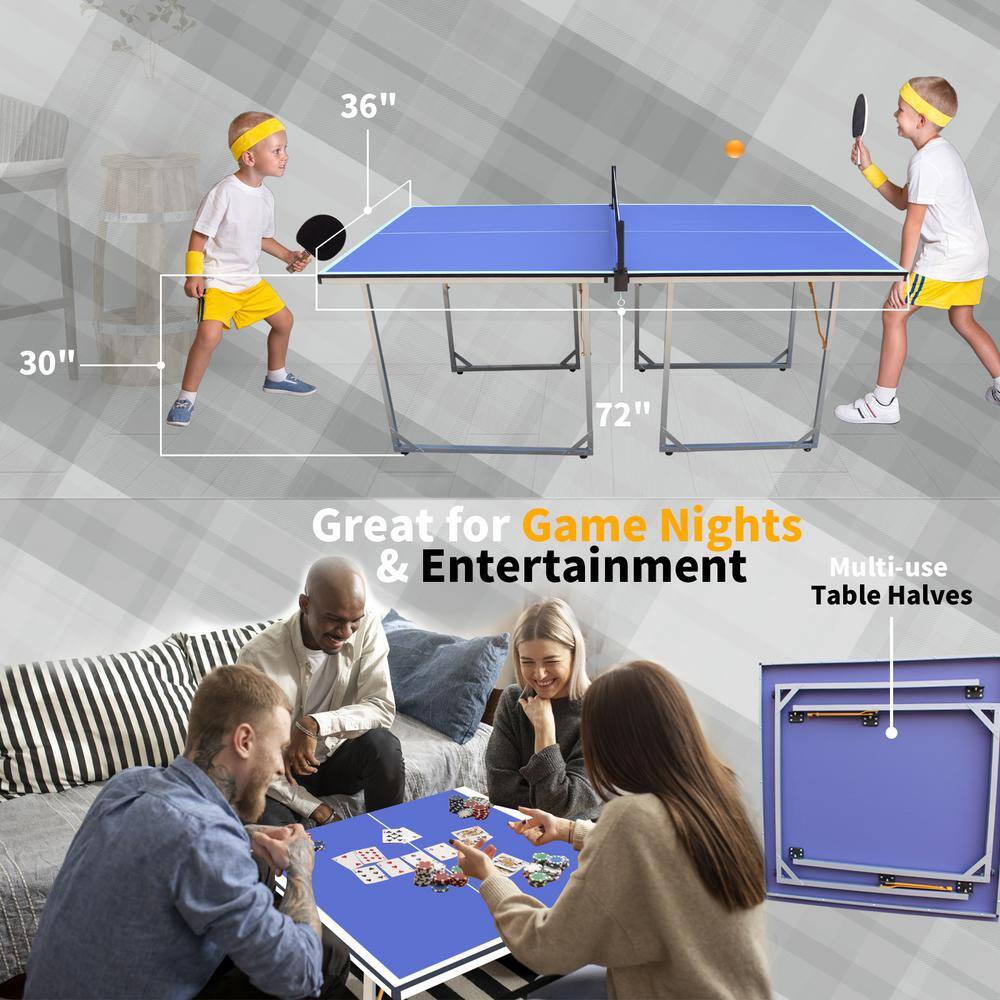 6ft Blue Foldable Outdoor Table Tennis Set with Net and Paddles