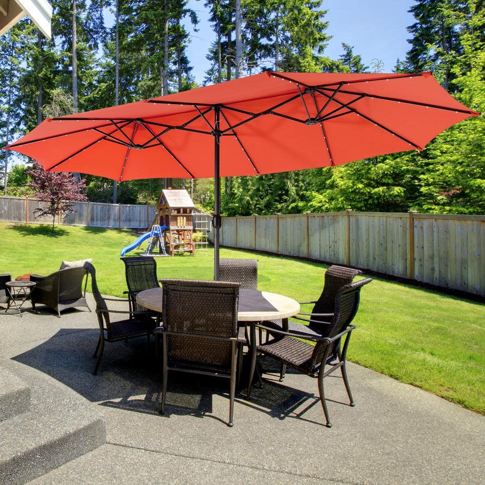 15 ft. Twin Patio Umbrella in Orange with 48 Solar LED Lights