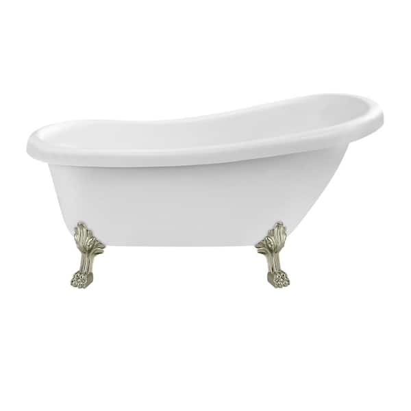 Streamline 61 in. Acrylic Clawfoot Non-Whirlpool Bathtub in Glossy White With Brushed Nickel Clawfeet And Brushed Nickel Drain