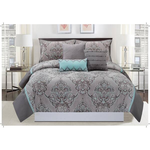 Mytex Home Fashions Silver Sparkle 6-Piece Gray and Blue Queen Comforter Set