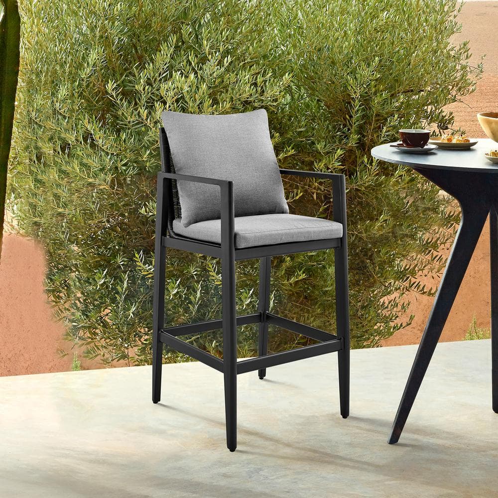 Cayman Bar Height Aluminum Outdoor Bar Stool with Gray Cushions