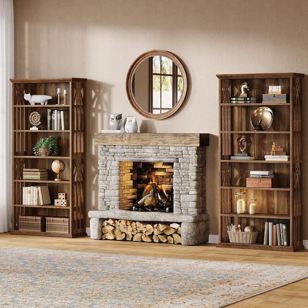 Frailey 75 in. Tall Brown Wood 6-Shelf Standard Bookcase with Interior Shelves, Storage for Living Room Home 2-Pieces