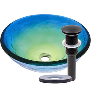 Mare Ocean Blue Glass Round Vessel Sink with Pop-Up Drain in Oil Rubbed Bronze